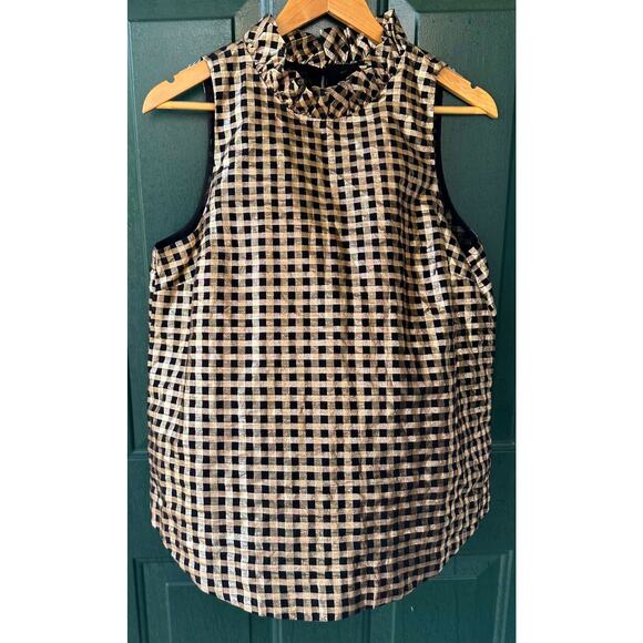 J.Crew Gold Gingham Metallic Halter Top M Black Sleeveless Holiday Party Blouse - Picture 1 of 7